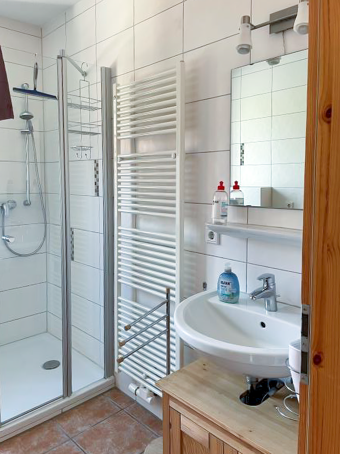 Waschbecken und Dusche des Badezimmers